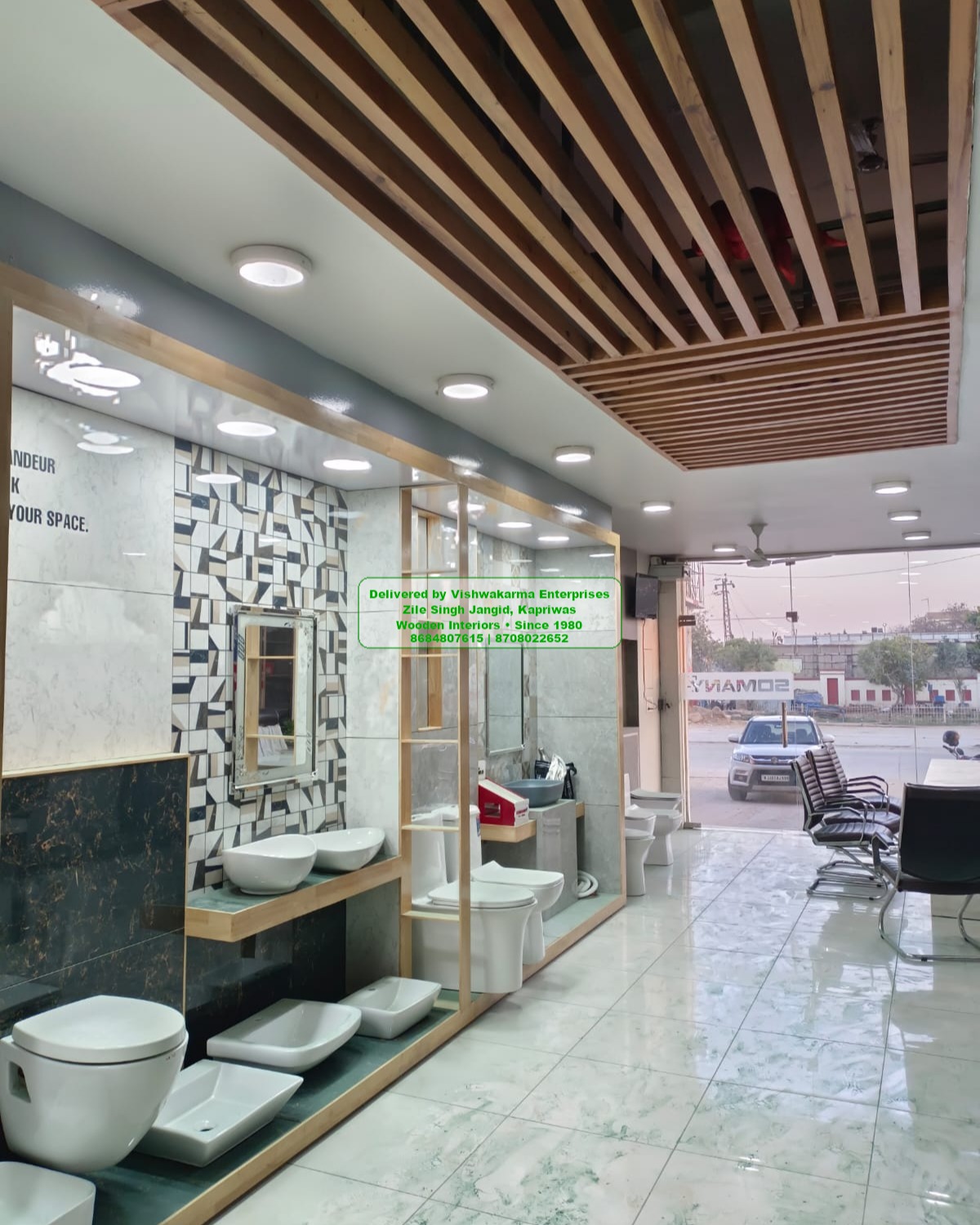Sanitaryware showroom interior with wooden slat ceiling and mosaic wall